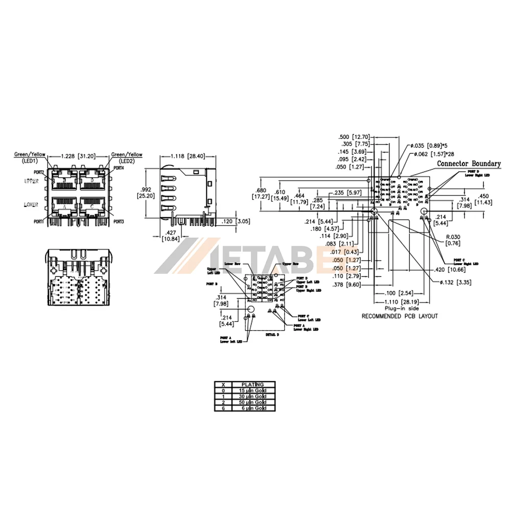 Multi Port 2X2 RJ45 Ethernet Magjack, 4 Port, 1000 Base-T, STP, Tab-Up & Down