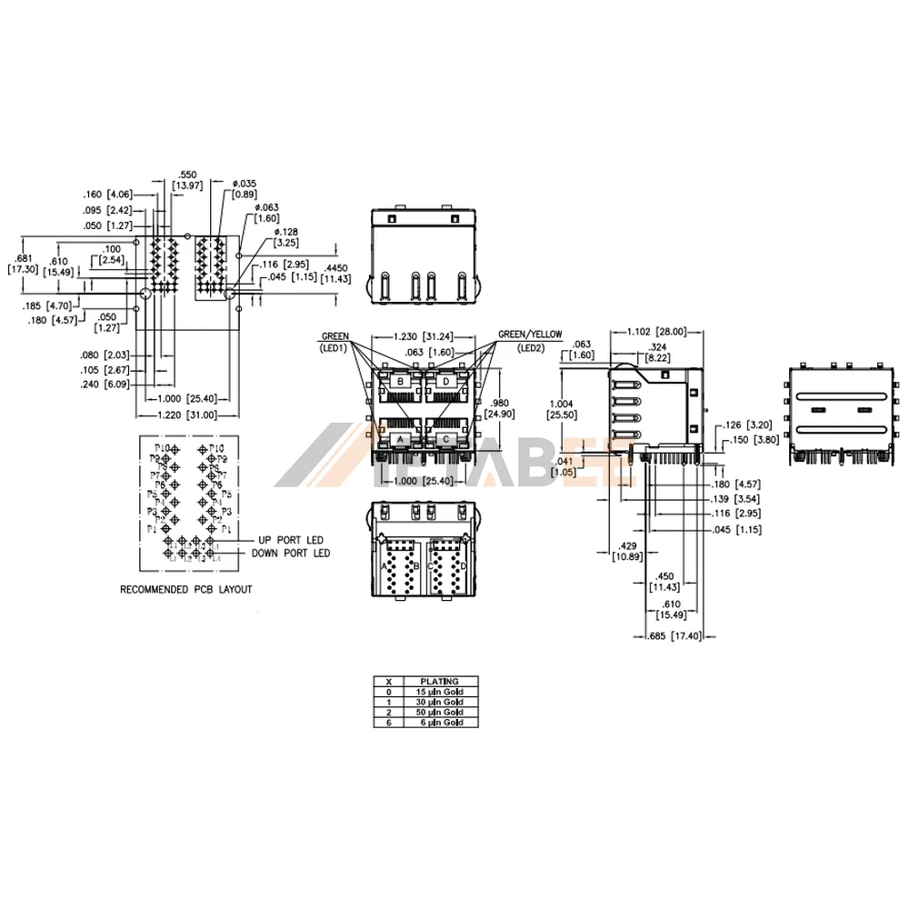 Gigabit Ethernet Dual Stacked RJ45 Magjack, 2X2 Port, 1000 Base-T, STP, Tab-Up & Down