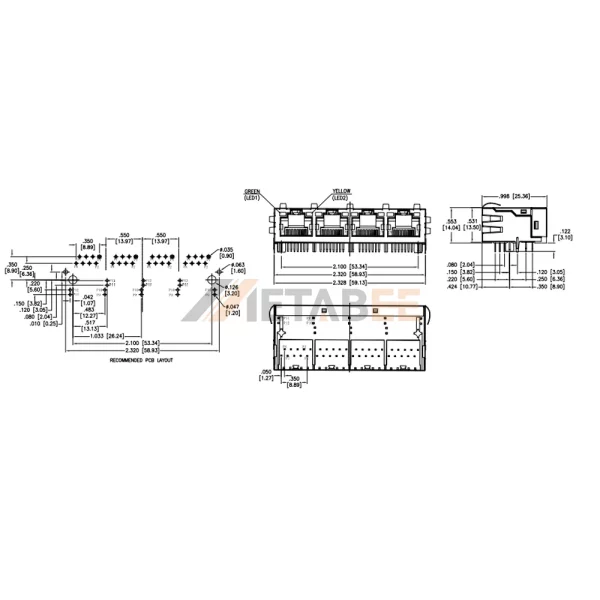 10/100 Base-T 4 Port RJ45 Jack With Integrated Magnetics, STP, THT, R/A, Tab-Up, Green/Yellow