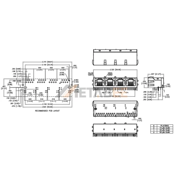 1×4 Multi-Port Magjacks RJ45 Connector with LEDs, STP, Through Hole, R/A, Tab-Up, Yellow/Green