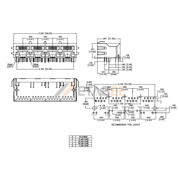 Shielded Multi Port RJ45 1X4 Socket With Transformer, 10/100 Base-T, THT, R/A, Tab-Down, Green/Yellow