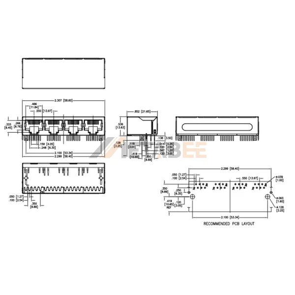 RJ45 Ethernet Magjack, 1×4 Port, 10/100 Base-T, Shielded, Through Hole, R/A, Tab-Down, No LED