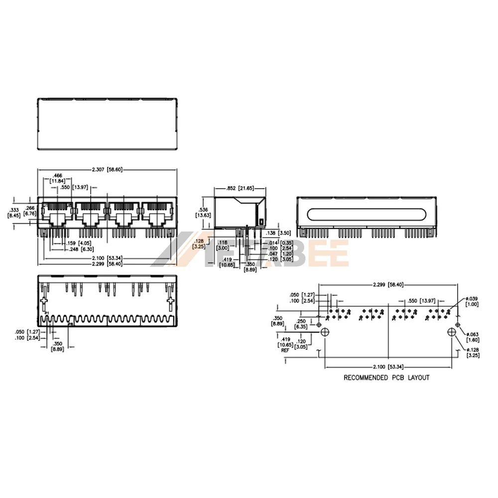 RJ45 Ethernet Magjack, 1×4 Port, 10/100 Base-T, Shielded, Through Hole, R/A, Tab-Down, No LED