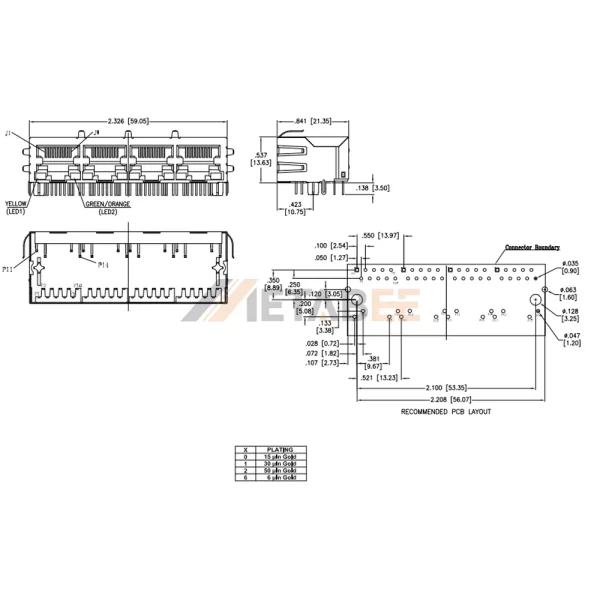 1000 Base-T RJ45 4 Port Magjack Connector, Shielded, THT, R/A, Tab-Down, Yellow-Green/Orange