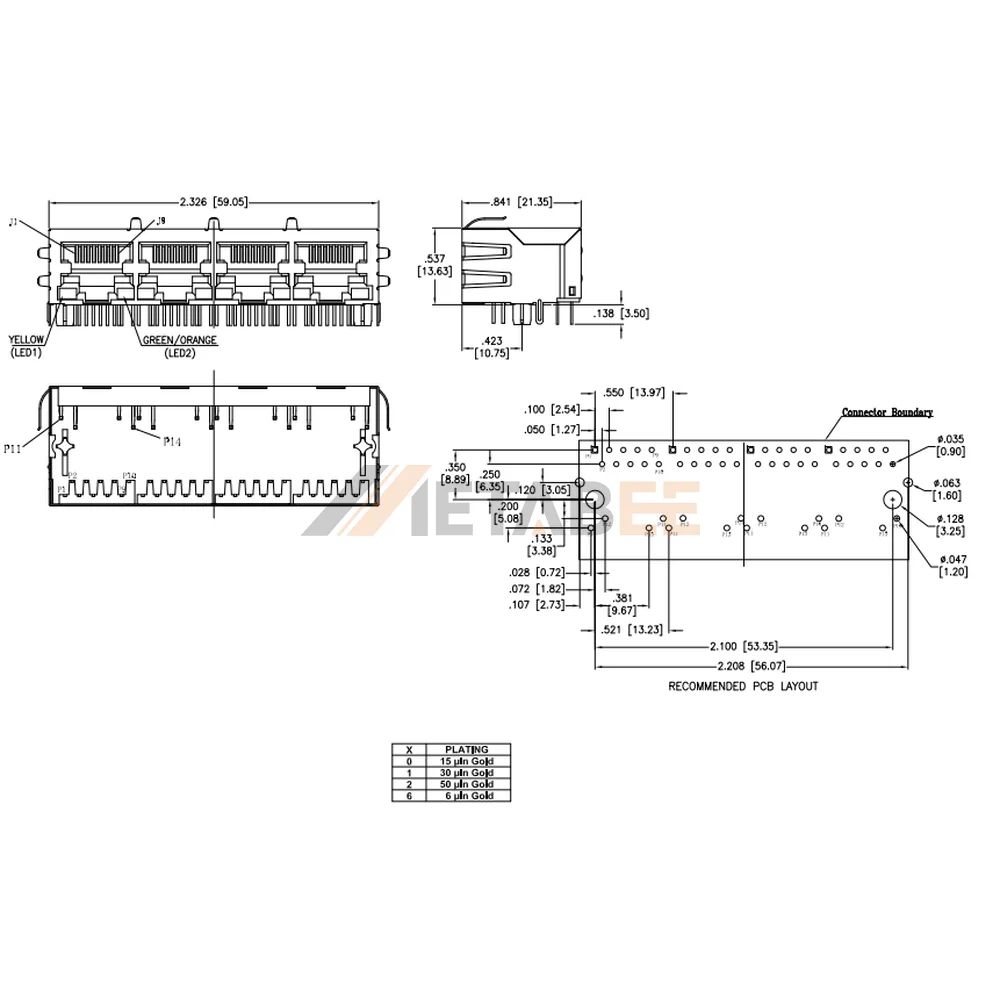1000 Base-T RJ45 4 Port Magjack Connector, Shielded, THT, R/A, Tab-Down, Yellow-Green/Orange