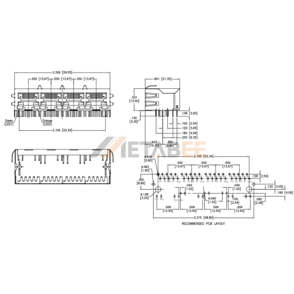 4 Port RJ45 with Integrated Transformer PoE Ethernet Jack, 10/100 Base-T, STP, THT, Green/Orange
