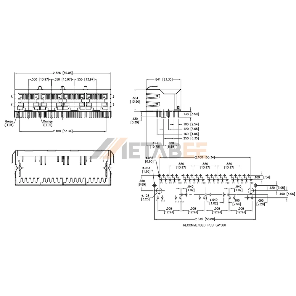 4 Port RJ45 with Integrated Transformer PoE Ethernet Jack, 10/100 Base-T, STP, THT, Green/Orange