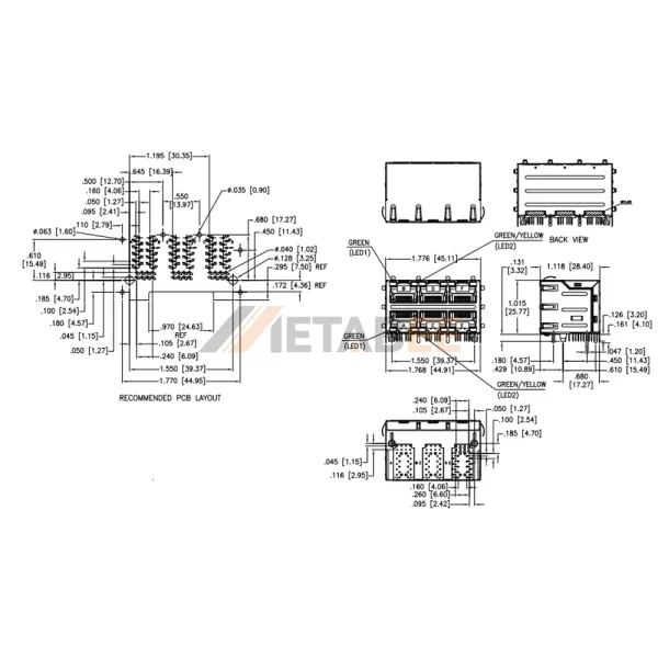 Dual Stacked 2X3 RJ45 Magnetic Jack, 6 Port, 1000 Base-T, STP, THT, R/A, Green-Green/Yellow