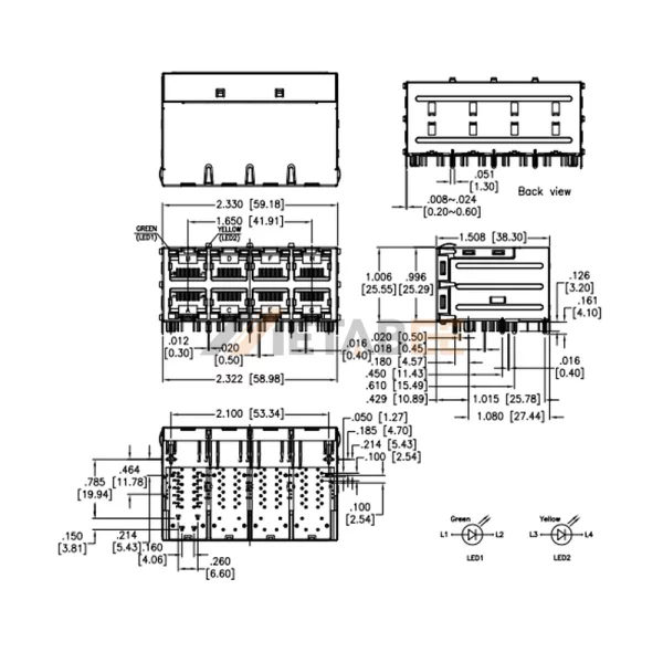 Wholesale Stacked RJ45 PoE+ Magjack Connector, 2X4 Port, 1000 Base-T, STP, THT, R/A, Green/Yellow
