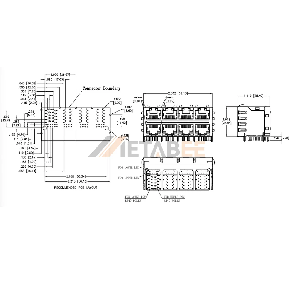 Stacked 2X4 RJ45 Connector with Magnetics, 8 Port, 10/100 Base-T, Shielded, Tab-Up & Down, Yellow/Green