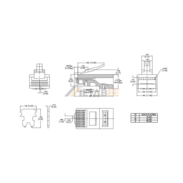 10P10C Modular Connector RJ50 Plug 2-Prong for Stranded Flat Cable, Unshielded Cat3, 22.5mm Body Length, 24-26AWG