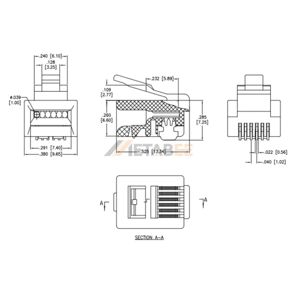 RJ12 Male Connector​ Plug 6P6C for Solid Wire, Flat Cable, Unshielded, 24-26AWG