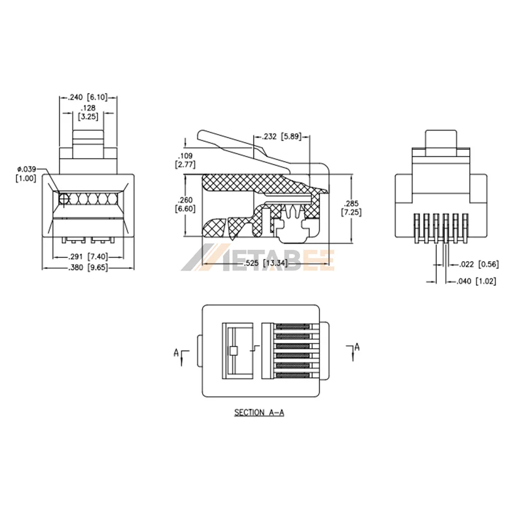 RJ12 Male Connector Plug 6P6C for Solid Wire, Flat Cable, Unshielded, 24-26AWG