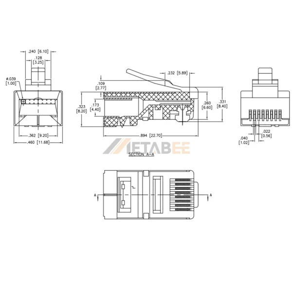 Cat5e RJ45 Plug Modular Connector for Flat Stranded Cable, Shielded, 8P8C, Brass Shell