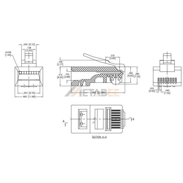 8P8C Unshielded Modular RJ45 Plug for Flat Solid Cable, 3-Prong Contacts, 24-26AWG
