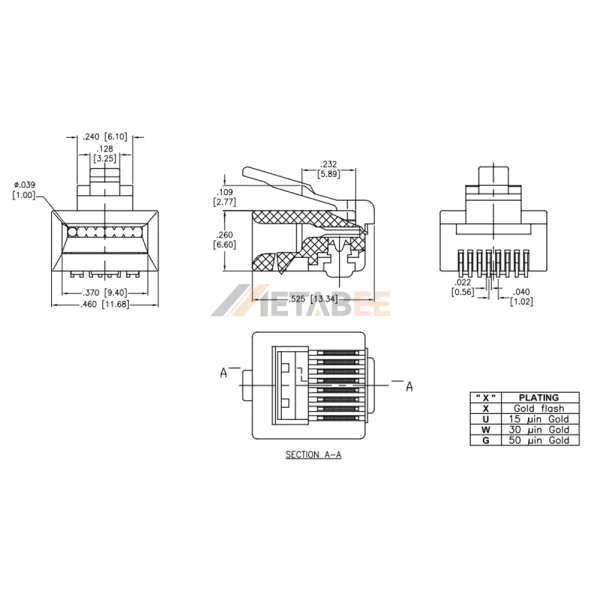 Unshielded RJ45 Modular Plug Connector for Flat Stranded Cable, 8P8C, Short Body