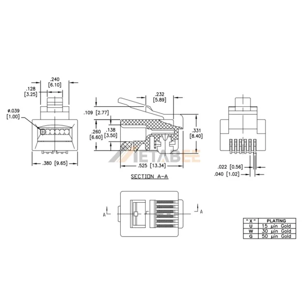 6P6C RJ12 Modular Plug for Stranded Wire, Round Cable, Cat3, Unshielded