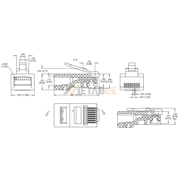 Cat5e RJ45 Male Plug Network Connector for Round Stranded Wire, 8P8C, Unshielded, 24-26AWG