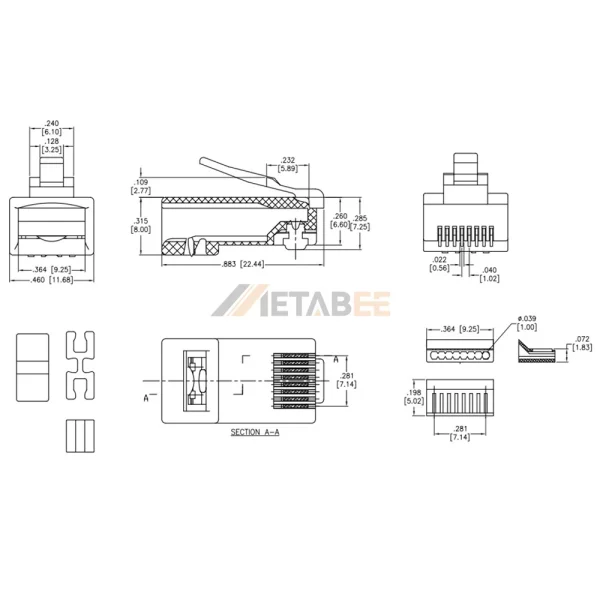 23AWG RJ45 Modular Plug for Round Stranded Cable, Cat6, 8p8c, Unshielded, 21-23AWG