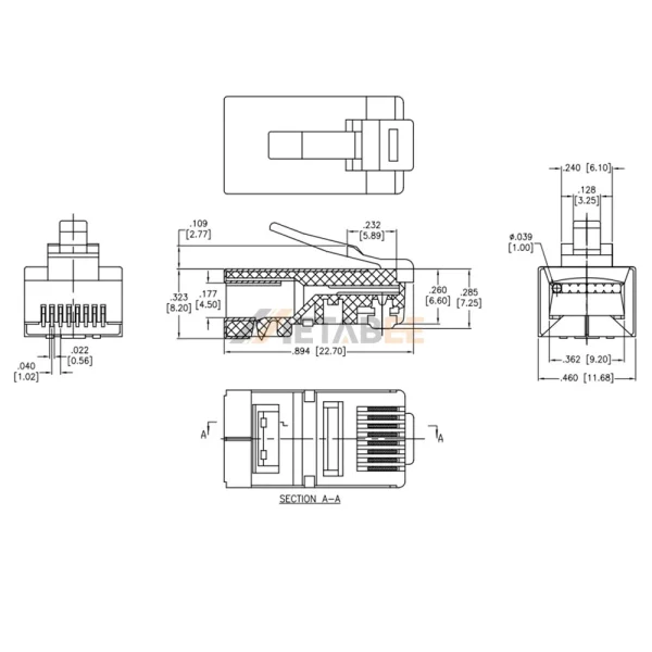 Cat5e RJ45 Modular Network Plug for Round Stranded Cable, 8P8C, Unshielded, 23-24AWG