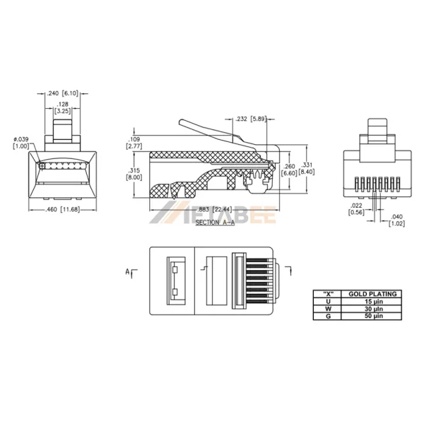 8 Pin RJ45 Male Connector​ for Solid Round Cable, 8P8C, Cat3, Unshielded, 24-26AWG