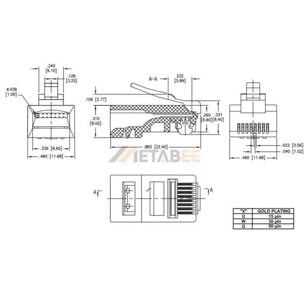 RJ45 8P8C Plug Modular Connector for Solid Round Cable, Cat5e, Unshielded