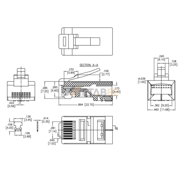 RJ45 Connector Cat5e Ethernet Plug for Solid Round Cable, Shielded EMI, 8P8C