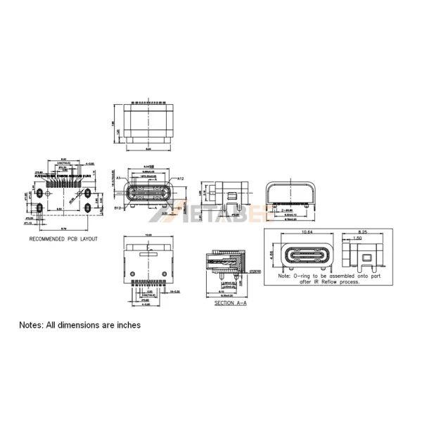 USB 2.0 Type C Connector, Receptacle, 24 Pin, 480 Mbps, PCB, SMT, RA, Waterproof