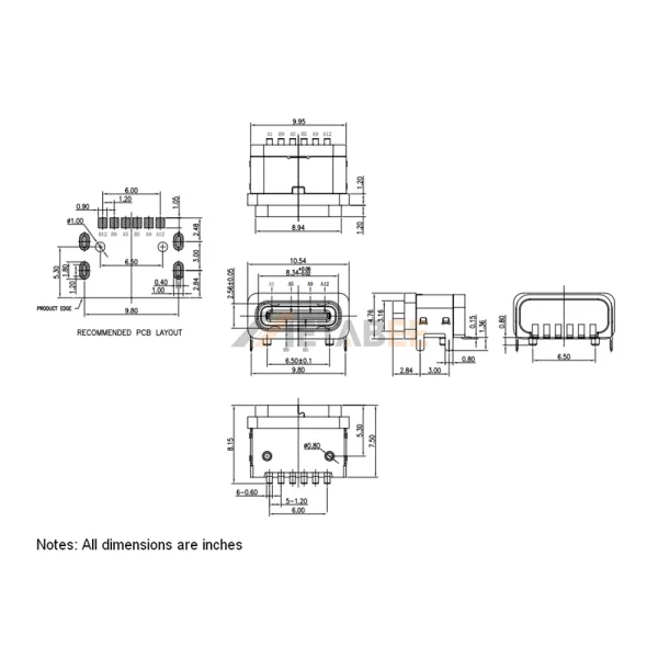 USB 2.0 Type C Receptacle, 24 Pin, 480 Mbps, PCB Mount, SMT, RA, Waterproof