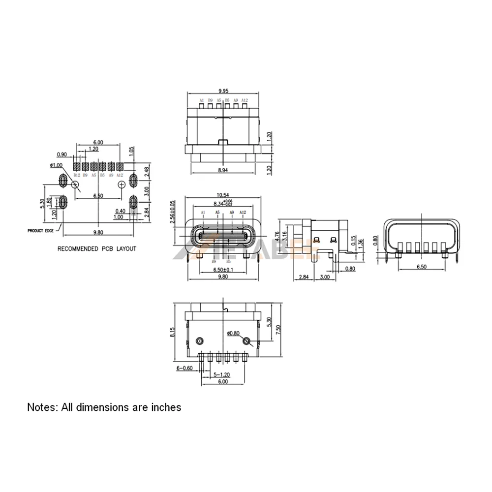 USB 2.0 Type C Receptacle, 24 Pin, 480 Mbps, PCB Mount, SMT, RA, Waterproof