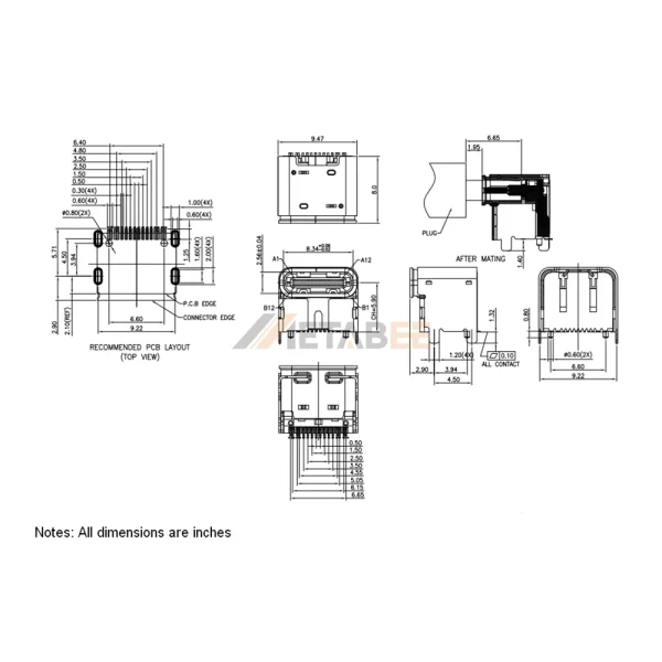 USB 2.0 Type C Receptacle, 24 Pin, 480 Mbps, RA