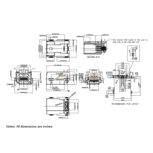 USB 4.0 Type C Receptacle Connector, 24 Pin, 40Gbps, PCB Mount, Edge Hang, RA
