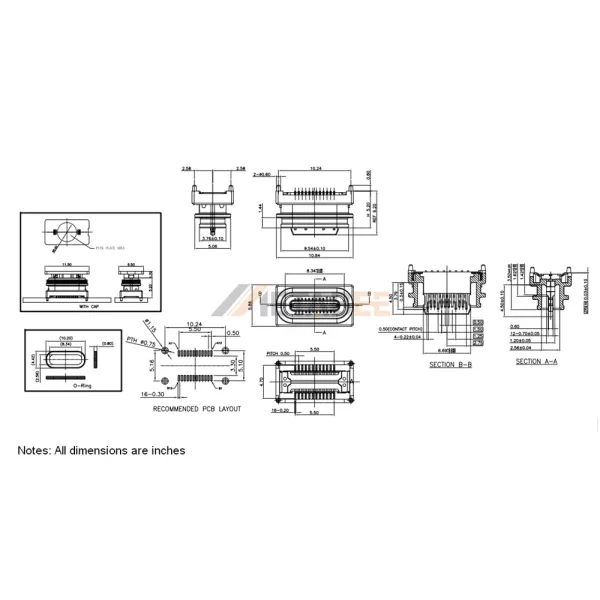 USB 4.0 USB C Receptacle, 24 Pin, 40Gbps, PCB Mount, SMT, Through Hole, Waterproof
