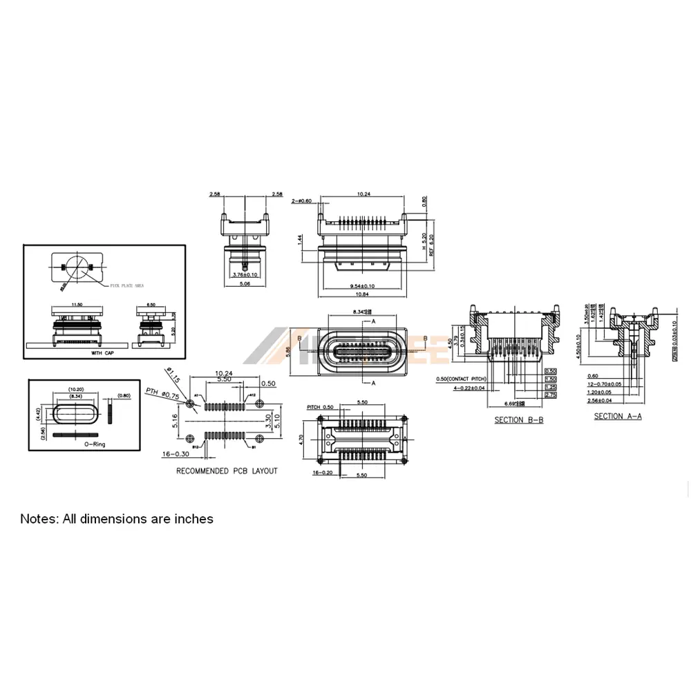 USB 4.0 USB C Receptacle, 24 Pin, 40Gbps, PCB Mount, SMT, Through Hole, Waterproof