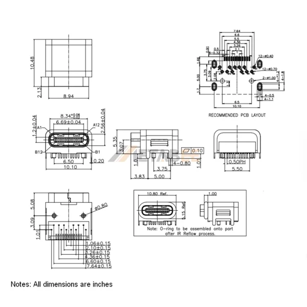 USB-C 2.0 Connector, Receptacle, 24 Pin, 480 Mbps, RA, Waterproof