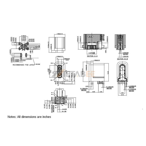USB-C 2.0 Female Socket, Type C, 24 Pin, 480 Mbps, Upright