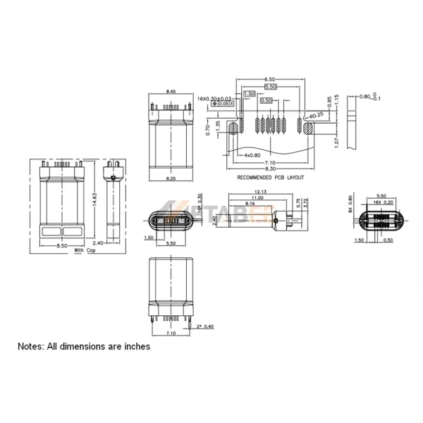 USB-C 2.0 Plug, 24 Pin, 480 Mbps, PCB Mount, Vertical