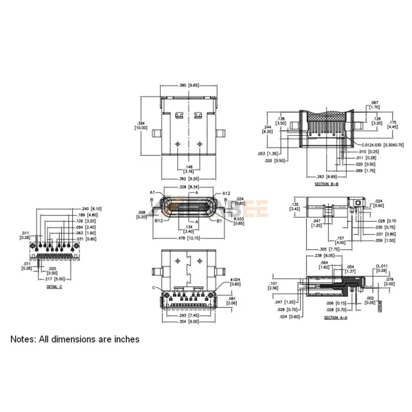 90 Degree USB 3.1 Type-C Receptacle, 24 Pin, 10 Gbps, PCB Edge Mount