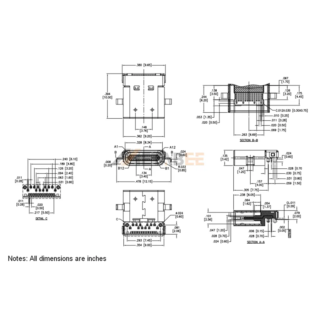 90 Degree USB 3.1 Type-C Receptacle, 24 Pin, 10 Gbps, PCB Edge Mount