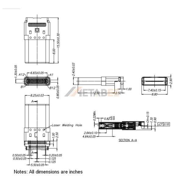 90 Degree USB 3.2 Gen 2, Type C Plug, 24 Pin, 10 Gbps, PCB Mount, SMT