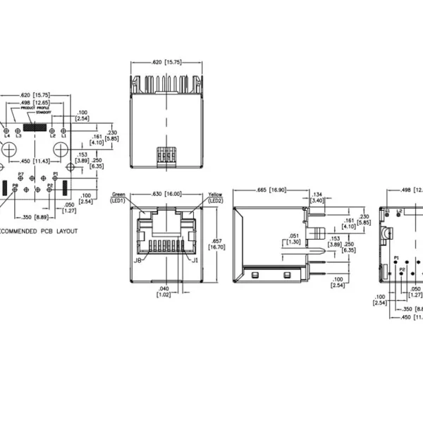 Vertical RJ45 with Magnetics Jack, 10/100 Base-T, Shielded, Through Hole, Green/Yellow