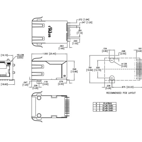 SMT RJ45 Connector Integrated Magnetics, 100 Base-T, STP, Tab-Up, THT, R/A, Green/Yellow
