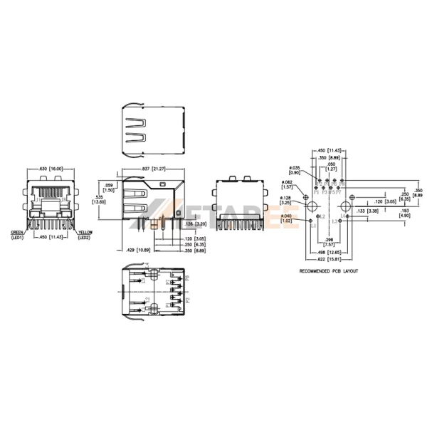 Integrated Magnetics RJ45​ Jack with Leds, 1 Port, 10/100 Base-T, Shielded, THT, R/A, Green/Yellow