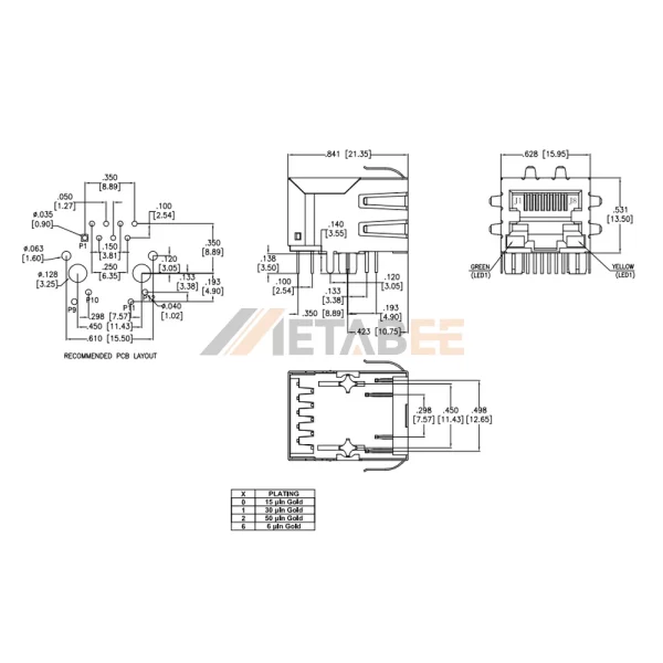 RJ45 Jack with PoE Magnetics, 1 Port, 10/100 Base-T, Shielded, THT, R/A, Green/Yellow LEDs