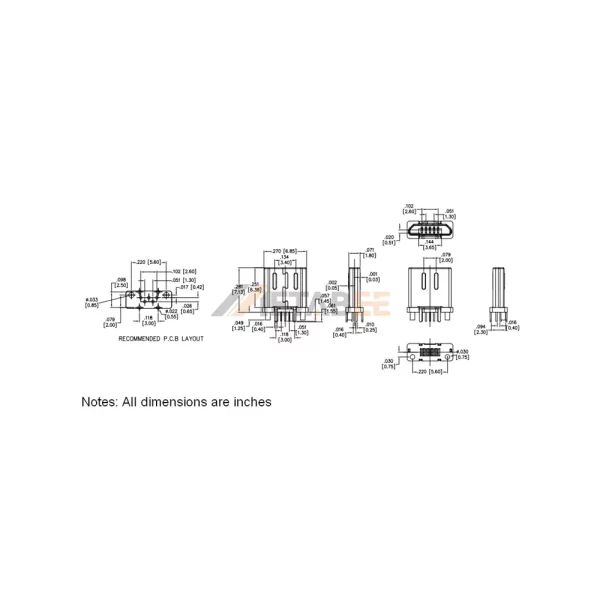 Micro USB 2.0 Type B Plug, 5 Pin, Vertical
