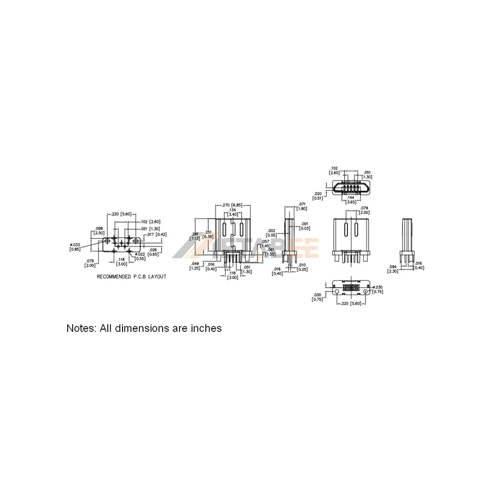 Micro USB 2.0 Type B Plug, 5 Pin, Vertical