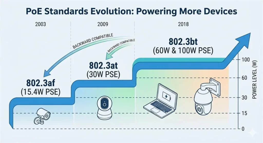PoE Standards Evolution: 802.3af, 802.3at, and 802.3bt