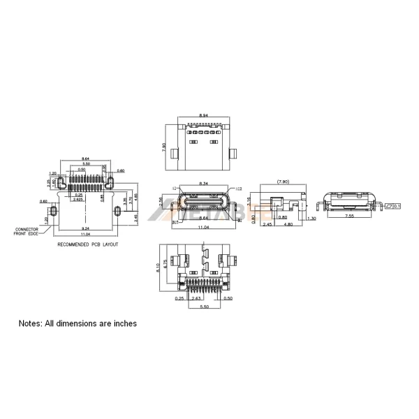 Type C USB 3.1 Socket, 24 Pin, 10 Gbps, PCB Surface Mount, RA