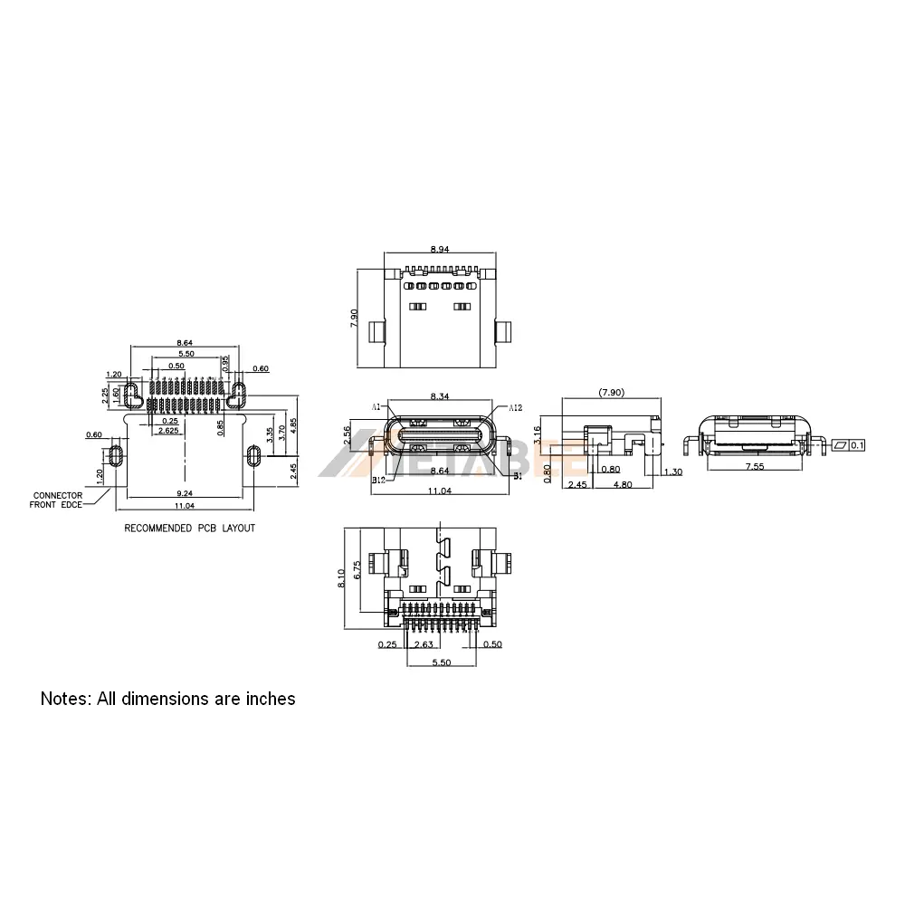 Type C USB 3.1 Socket, 24 Pin, 10 Gbps, PCB Surface Mount, RA
