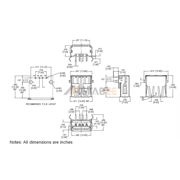 USB 2.0 Female Connector, Type A, 4 Pin, Thru-Hole, R/A